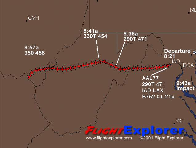 Path of Flight 77 in relation to the Pentagon as deplicted by Flight Explorer